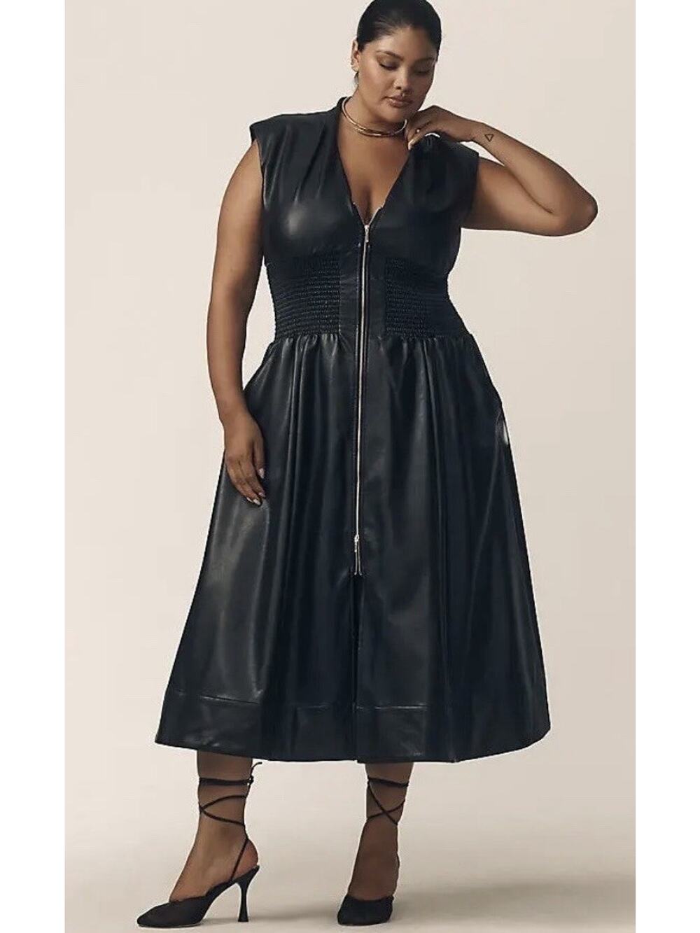 NWT Anthropologie Women Tommie Faux Leather Smocked Zip front Shirt Dress Sz 1X